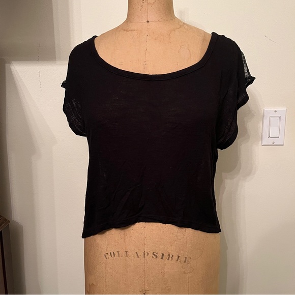 Black Emma & Sam Lace Panel Cropped Short Sleeve T-Shirt Top - Picture 6 of 7